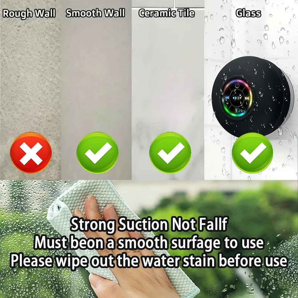 Portable Bluetooth Speaker with LED Lights | IPX4 Waterproof | Loud Stereo Sound & Strong Suction Cup for Bathroom, Outdoor & Travel