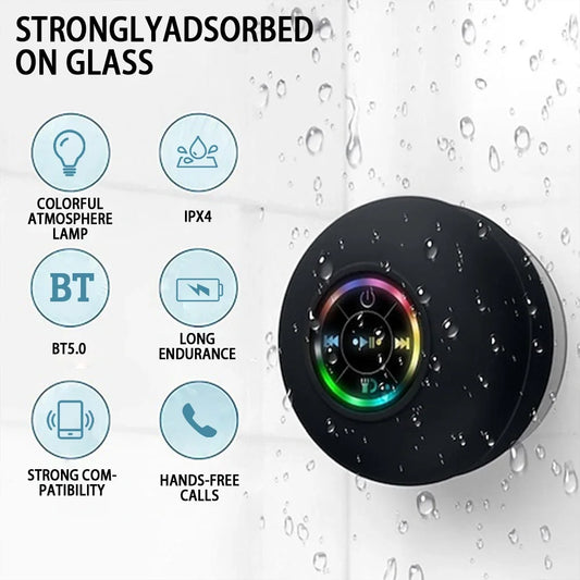 Portable Bluetooth Speaker with LED Lights | IPX4 Waterproof | Loud Stereo Sound & Strong Suction Cup for Bathroom, Outdoor & Travel